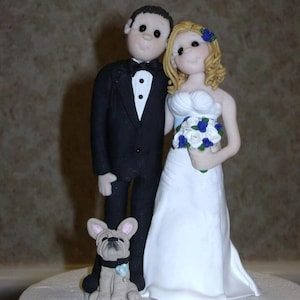 Bride and Groom with French Bull Dog Custom Handmade Wedding Cake Topper DEPOSIT ONLY