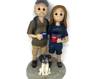 Backpackers with coffee cups Personalized Bride and Groom Hiking Theme Wedding Cake Topper Deposit Only