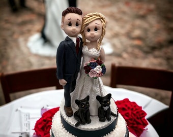 Personalized Wedding Cake Topper with Brides, Groom, and 2 Adorable Black Cats