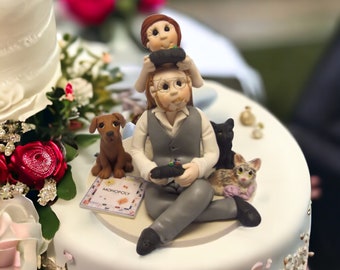 Bride and groom gamers with pets custom made wedding cake topper- By Lynn’s Little Creations