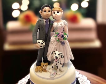 Traditional bride and groom with pets wedding figurines for cake topper -By Lynn’s Little Creations