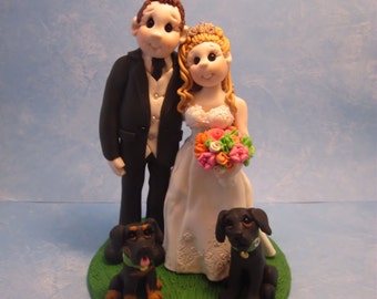 Custom wedding cake topper, personalized cake topper, Bride and groom with dogs cake topper, Mr and Mrs cake topper DEPOSIT ONLY