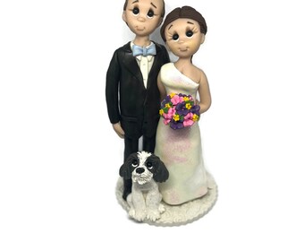 Bride and groom with dogs  custom made wedding cake topper- By Lynn’s Little Creations