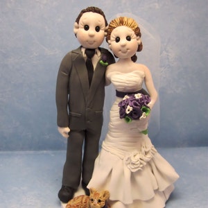 Bride and Groom with Cat Wedding Cake Topper, Custom wedding cake topper, personalized cake topper, Mr and Mrs cake topper DEPOSIT ONLY image 1