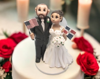 Dominican Republic Bride and American Groom Wedding Cake Topper figurine Custom made to resemble you by Lynn’s Little Creations