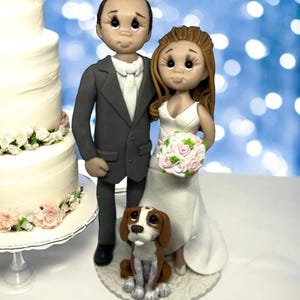 Handmade wedding cake topper custom made  bride and groom with dog DEPOSIT ONLY