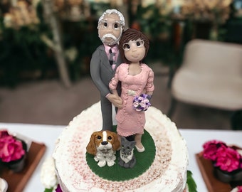 Older Bride and Groom with Pets Personalized Wedding Cake topper DEPOSIT ONLY