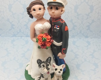 Military Wedding Cake topper, Custom wedding cake topper, personalized cake topper, Bride and groom with dogs cake topper, DEPOSIT ONLY