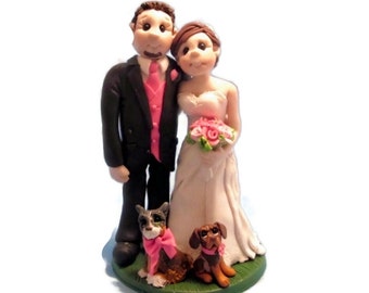 Personalized Bride and Groom with Pets Custom made Wedding Cake Topper DEPOSIT ONLY