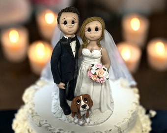 Bride & Groom with dog Custom Handmade Wedding Cake Topper by Lynn’s Little Creations