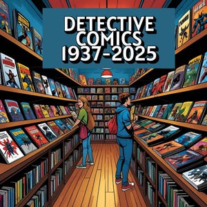Puede incluir: Ilustración de una tienda de cómics con estanterías llenas de cómics coloridos. El texto "DETECTIVE COMICS 1937-2025" se muestra. Dos personas están hojeando los cómics.