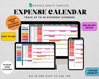 May include: A Google Sheets template for an expense calendar. The template is shown on a computer screen, a tablet, and a smartphone. The template is designed to track up to 40 different expenses. The template has 20 color-coded categories. The template is easy to use and can be used on any device. The template is designed for lifetime usability.