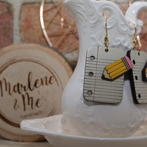 Teacher Earrings, Hypoallergenic Hooks, Notebook and Pencil Earrings, Wooden School Earrings, Back to School Jewelry, Teacher Gift
