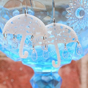 Rainy Days Umbrella Dangle earrings with Glitter Raindrops Unique Jewelry Handmade Accessories Gifts