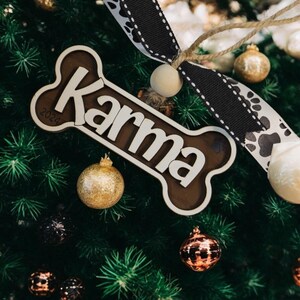 Festive Personalized Dog Bone Christmas Ornament with Free Shipping - Holiday Gift Idea made from Light and Dark Wood - Handcrafted in