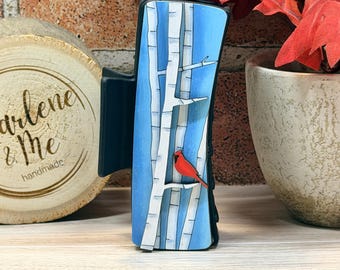 Hand-painted wood clip, birch tree with cardinal, nature barrette, rustic wood hair accessory