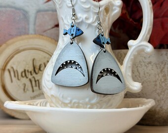 Mismatched Shark and Fish Wood Earrings, Ocean Lover Gift