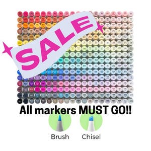 May include: A large collection of colorful markers arranged in a grid, each with a labeled cap. A diagonal banner reads SALE with two pink stars. Below, the text reads All markers MUST GO!! with two circular icons showing brush and chisel tips.