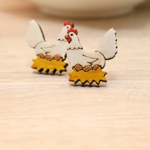 Nesting Hen Hand Painted Stud Earrings, Broody Hen Earrings, Chicken Earrings Gift for Animal Lover Unique Gift Idea
