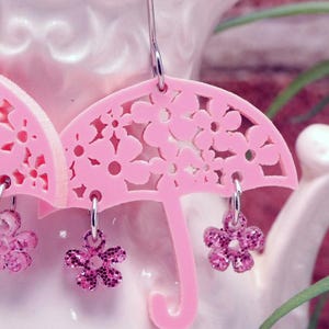 Pink Rainy Days Umbrella Dangle earrings with Flower Raindrops Unique Jewelry Handmade Accessories Gifts