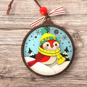 Hand-Painted Bird Christmas Ornament | Winter Snow Scene Holiday Decor | Unique Gift for Bird Lovers | Rustic Wooden Ornament