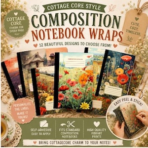 May include: A collection of self-adhesive composition notebook wraps featuring twelve distinct floral and landscape designs. The wraps include rectangular labels for personalization and are designed to fit standard composition notebooks with vibrant, high-quality printed imagery.