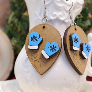 Winter Wonderland Wooden Mitten Earrings - Festive Snowflake Holiday Jewelry - Rustic Christmas Gift for Her