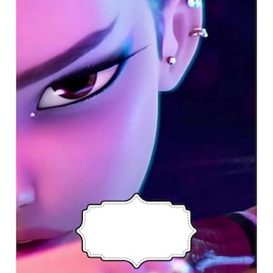May include: Close-up of a digitally rendered face with purple and pink hues. The character has dark eye makeup and multiple earrings. A blank, white, decorative label is in the lower center.