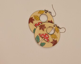 Handmade Wooden Mushroom Earrings: Fall Leaf Dangle Jewelry