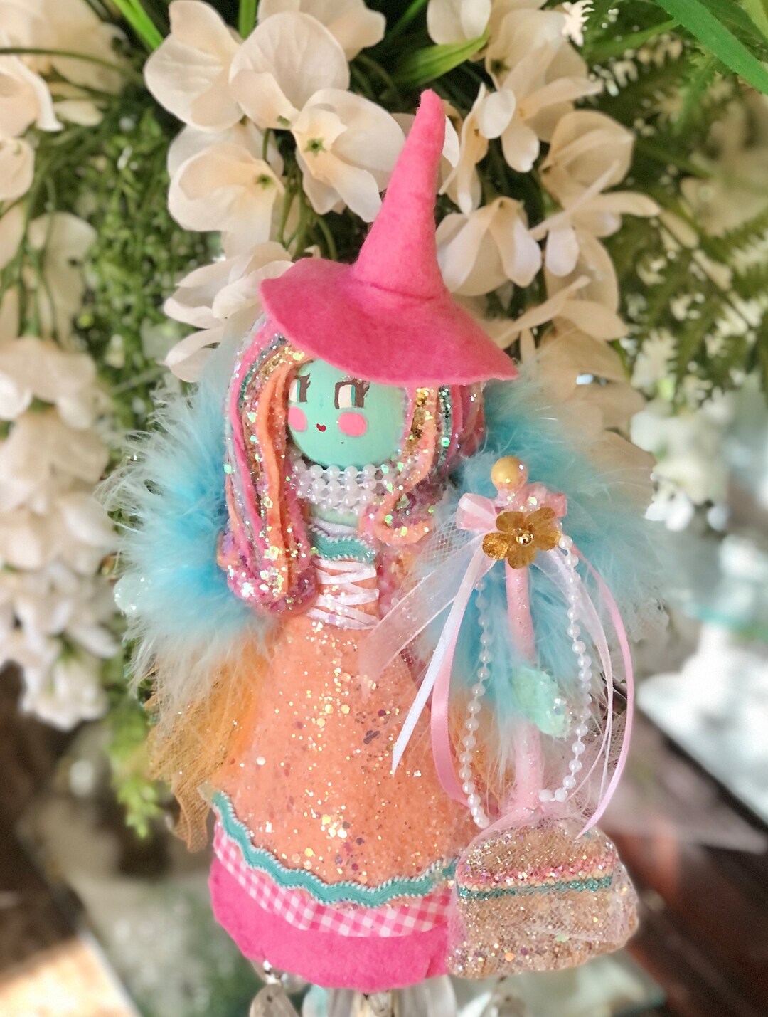 Witch Tree Topper Fairy Tale Fall Vintage Retro Halloween Decor Pink