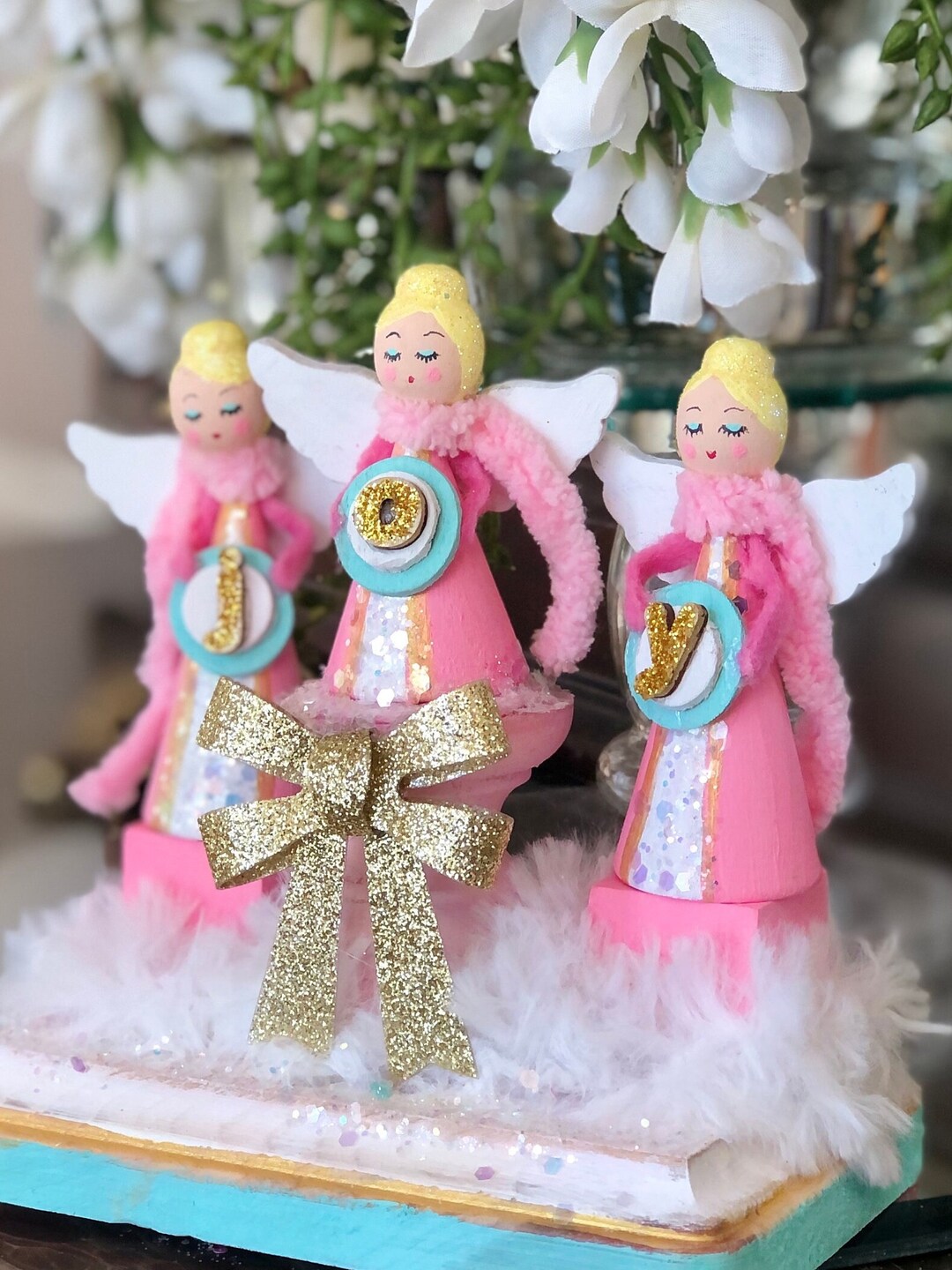 Christmas Angels Centerpiece Holiday Decor JOY Pink Christmas Vintage