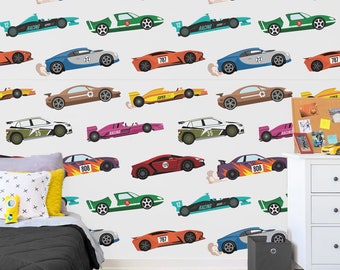 Sport auto muurtattoo auto behang auto muursticker kleurrijke auto muur kunst race racen sticker F1 behang Peel and Stick!