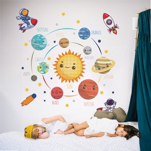 Adesivo da parete con sistema solare, spazio, pianeta, arte murale, razzo, camera da letto per bambini, stanza dei ragazzi, adesivo da parete con galassia, carta da parati con astronauta per la cameretta dei bambini