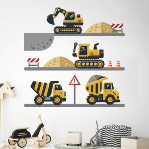 Construction Truck Wall Decal Dump truck Crane Wall Sticker Yellow truck Wall Art Transportation Wall mural for boy room nursery room decor