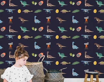 Puede incluir: Un papel tapiz azul oscuro con un patrón repetitivo de dinosaurios, volcanes y hojas de palma. Los dinosaurios son de varios colores, incluyendo verde, azul, naranja y marrón. El papel tapiz es perfecto para una habitación infantil.