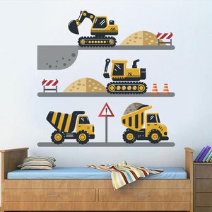 Construction Truck Wall Decal Dump truck Crane Wall Sticker Yellow truck Wall Art Transportation Wall mural for boy room nursery room decal