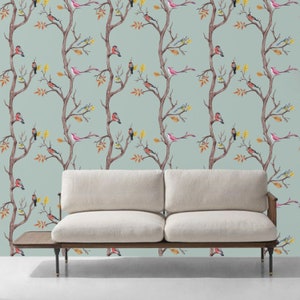 Peel And Stick Forest Trees Wallpaper Trees Wall Decal Colorful birds Wall Sticker Tree Wall Art For Bedroom Decal Living room Decal