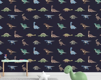 Puede incluir: Un papel tapiz azul oscuro con un patrón repetitivo de dinosaurios coloridos. Los dinosaurios están en varias poses, incluyendo caminar, correr y estar de pie. El papel tapiz es perfecto para una habitación infantil o una sala de juegos.