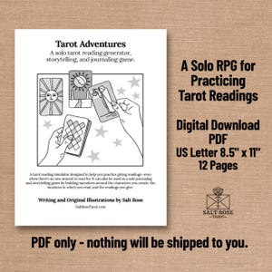 Puede incluir: Una descarga digital blanca titulada "Tarot Adventures" con texto e ilustraciones en negro. El producto es un generador de lectura de tarot en solitario, un juego de narración y diario. El PDF es de tamaño US Letter, 21,6 cm x 27,9 cm, y 12 páginas.