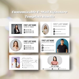May include: Four customizable email signature templates with different layouts and images of people. Each template includes a name, title, phone number, email address, and website address.