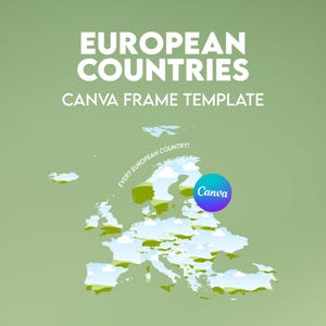 May include: A map of Europe with green and white illustrations of countries and clouds, set against a light green background. The text "EUROPEAN COUNTRIES CANVA FRAME TEMPLATE" is at the top. A blue and purple circle with the word "Canva" is on the right.