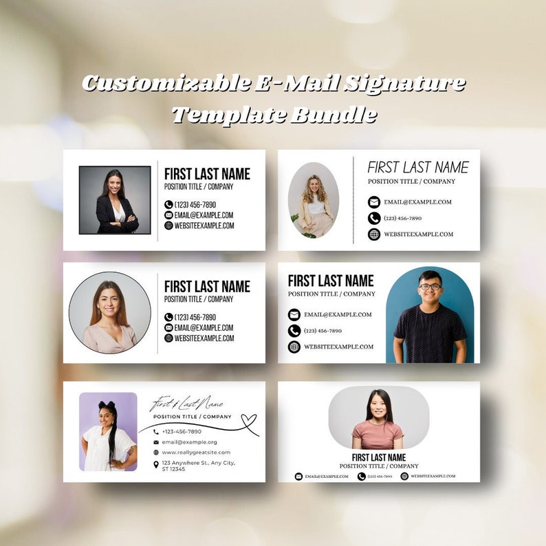 May include: Four customizable email signature templates with different layouts and images of people. Each template includes a name, title, phone number, email address, and website address.