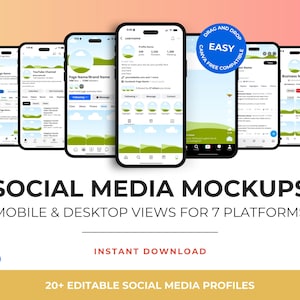 Puede incluir: Siete smartphones negros que muestran maquetas de redes sociales. Las pantallas muestran páginas de perfil con el texto "SOCIAL MEDIA MOCKUPS". La imagen incluye el texto "DRAG AND DROP EASY CANVA FREE COMPATIBLE" e "INSTANT DOWNLOAD".
