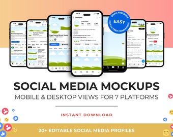 May include: Seven black smartphones displaying social media mockups. The screens show profile pages with the text "SOCIAL MEDIA MOCKUPS". The image includes the text "DRAG AND DROP EASY CANVA FREE COMPATIBLE" and "INSTANT DOWNLOAD". The image is for mobile and desktop views.