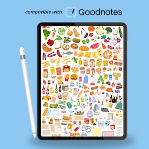 Pode incluir: Uma ilustração digital de vários alimentos, incluindo vegetais, frutas e produtos embalados, exibidos na tela de um tablet. O tablet é compatível com Goodnotes e inclui uma caneta. O fundo é azul claro.