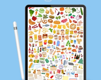 May include: A digital illustration of various food items, including vegetables, fruits, and packaged goods, displayed on a tablet screen. The tablet is compatible with Goodnotes and includes a stylus. The background is light blue.