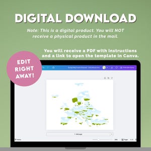 May include: A laptop screen displays a digital map of Europe, part of a digital download template. The screen shows a map with green and blue elements. Text on the screen says "EuroMap Frame Template - Little Mouse Arts". The image also includes the text "DIGITAL DOWNLOAD".