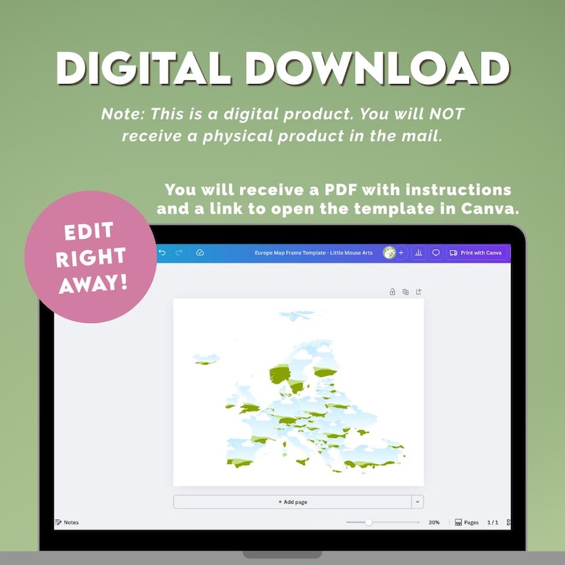 May include: A laptop screen displays a digital map of Europe, part of a digital download template. The screen shows a map with green and blue elements. Text on the screen says "EuroMap Frame Template - Little Mouse Arts". The image also includes the text "DIGITAL DOWNLOAD".