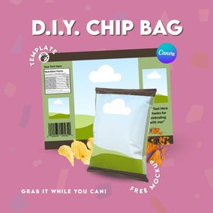 Puede incluir: Una maqueta de plantilla de bolsa de patatas fritas DIY con una bolsa blanca y marrón, un fondo verde y azul y el texto "D.I.Y. CHIP BAG". La imagen incluye una etiqueta de información nutricional, un código de barras y el texto "Grab it while you can!"