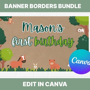 Op de afbeelding: Een bannerontwerp met de tekst "BANNER BORDERS BUNDLE" en "Mason's first birthday". Het ontwerp bevat illustraties van een paard, een beer, een konijn, een aap en een koala. Het Canva-logo is zichtbaar.